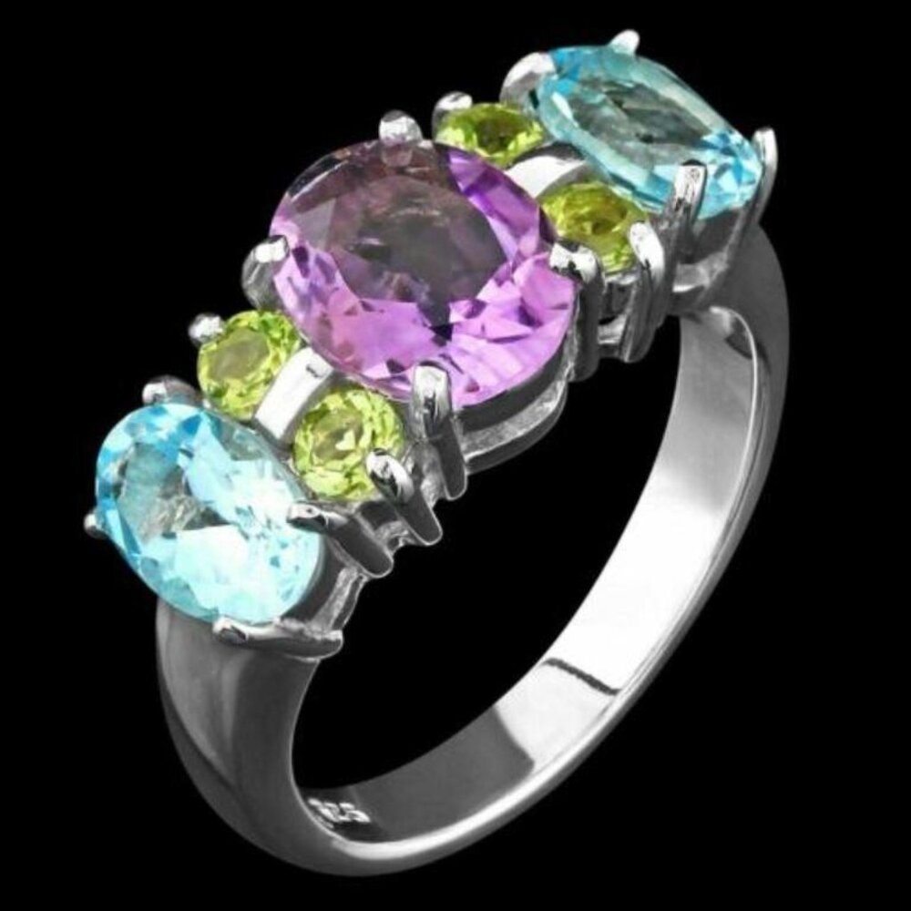 Unheated Natural 9X7mm Amethyst Peridot Sky Blue Topaz Silver 925 Ring Size 7